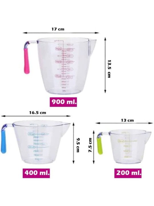 Tazas Medidoras 3 Pzs 200ml, 400ml y 900ml Mango De Colores