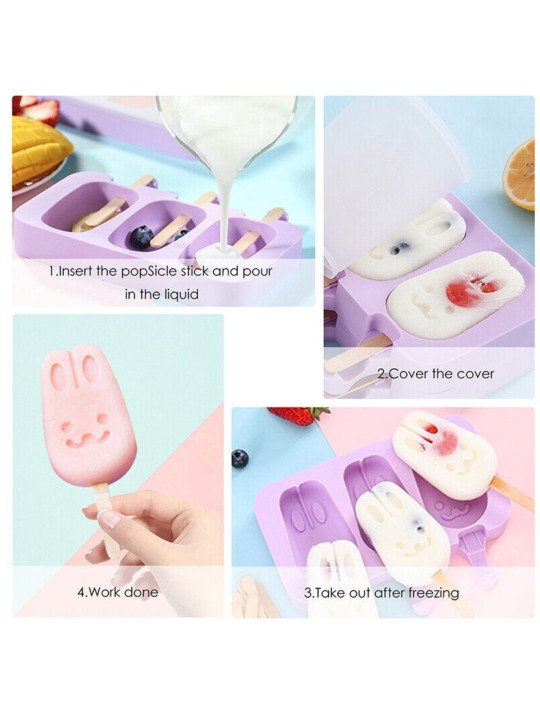 Molde Silicón Con Tapa Paleta De Hielo Conejo Pascua 3 Cavidades Molde Silicón Con Tapa Paleta De Hielo Conejo Pascua 3 Cavidades