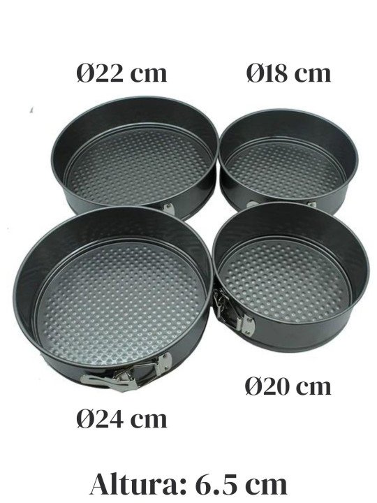 Moldes Para Pastel Redondos Desmontables Antiadherentes 4 Pzs Ø18, 20, 22 y 24 cm Altura: 6.5cm Moldes Para Pastel Redondos Desmontables Antiadherentes 4 Pzs Ø18, 20, 22 y 24 cm Altura: 6.5cm