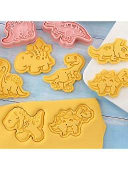 Cortadores y Prensa Para Galletas Dinosaurios: Plesosaurio, T-Rex, Brontosaurio, Triceratops, Velociraptor 16 Pzs