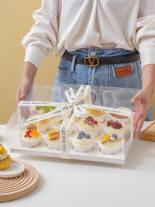 Caja De Acetato Para Cupcakes Elegante Con Soporte De Cartón