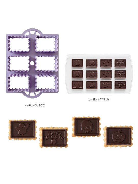 Cortadores Galleta Halloween Placa con 6 Rectángulos + 1 Molde de plástico para chocolates de Halloween