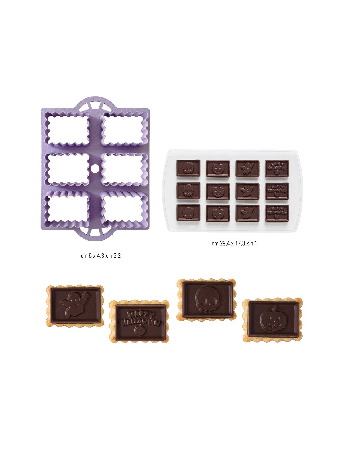 Cortadores Galleta Halloween Placa con 6 Rectángulos + 1 Molde de plástico para chocolates de Halloween
