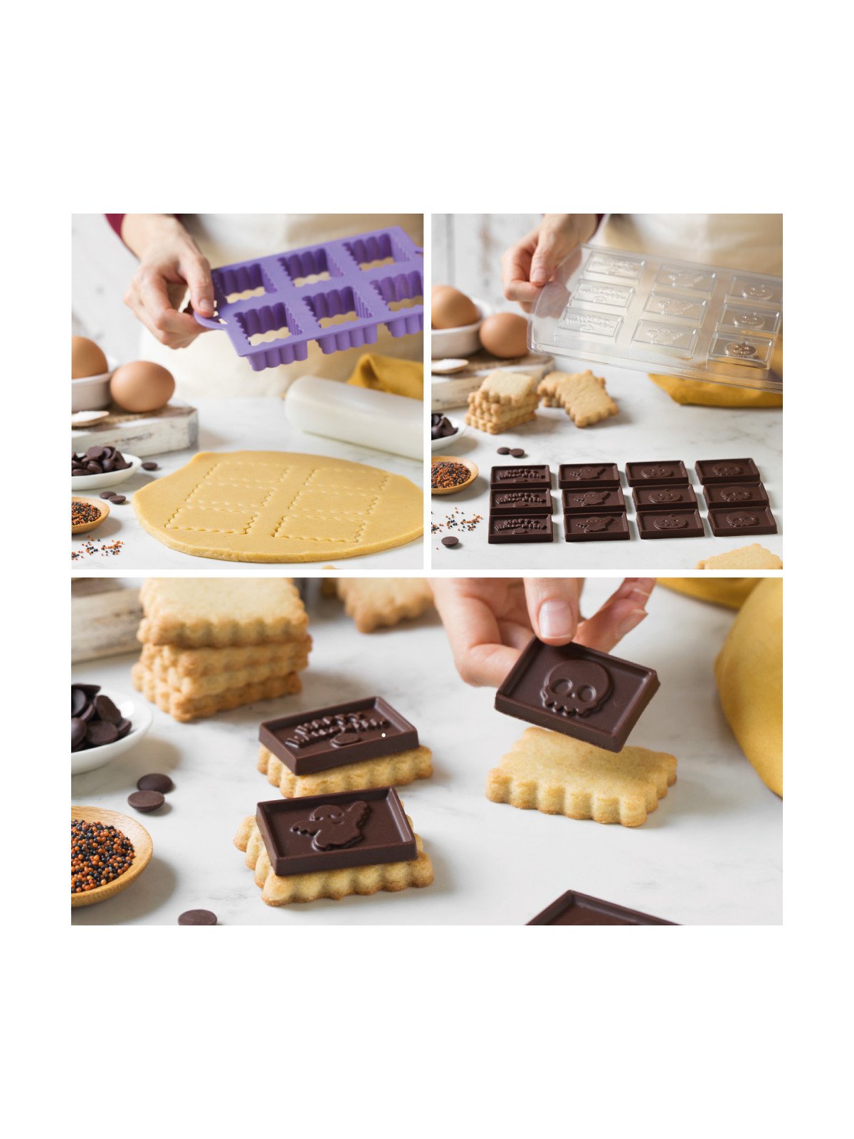 Cortadores Galleta Halloween Placa con 6 Rectángulos + 1 Molde de plástico para chocolates de Halloween