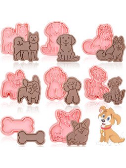 Cortador Galleta Perritos: Husky, Dalmata, Akita, French Puddle, Labrador, Pug, Zorro y Hueso Con Marcador de Relieve 16 pzs