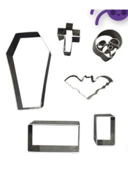 Cortador Galleta: Ataud, Calavera, Cruz, Murcielago, Rectangulos 6Pz Halloween