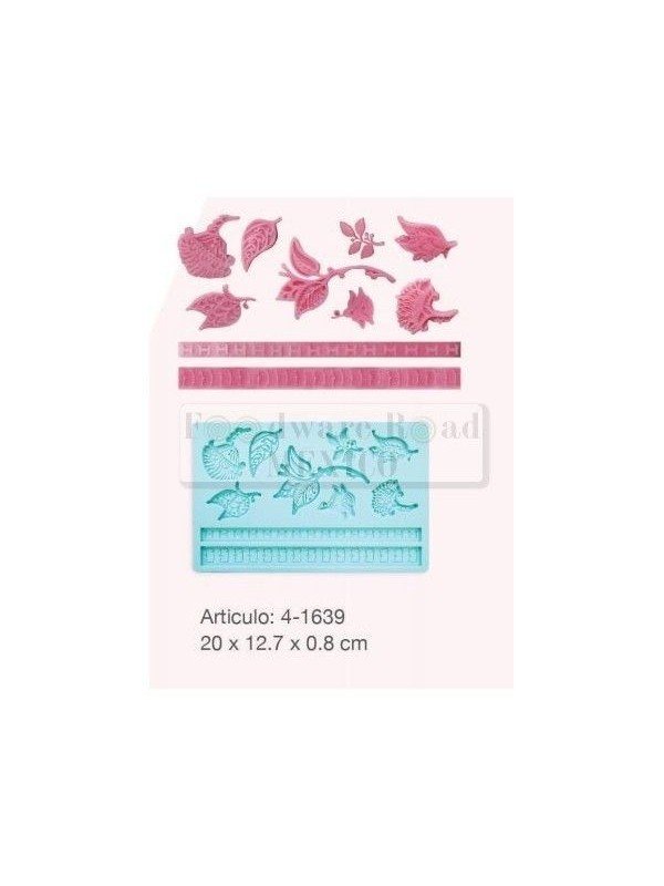 Molde Silicón Fondant Hojas, Flores  y 2 Cenefas 20x13cm