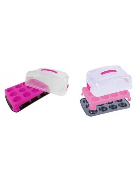 Juego  De Molde Antiadherente 12 Cavidades Y Transportador Cupcake