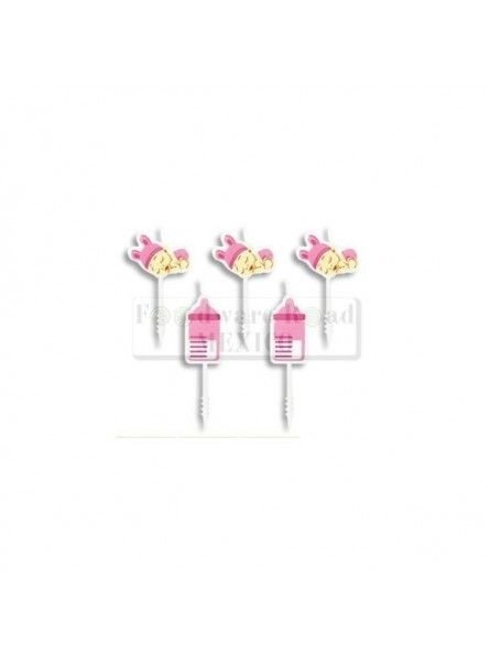 Vela Palillo Bebe Biberon Rosa 5 Pz