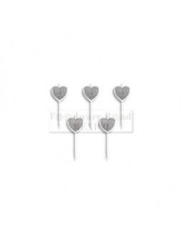 Vela Palillo Corazon Glitter Plata 5 Pz