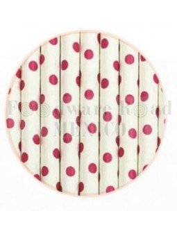 Popote Papel Decorado Blanco Dot Magenta 12Pz