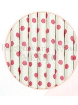 Popote Papel Decorado Blanco Dot Rosa 12Pz