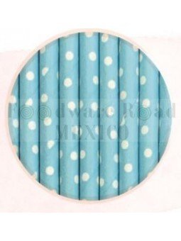 Popote Papel Decorado Azul Dot Blanco 12Pz