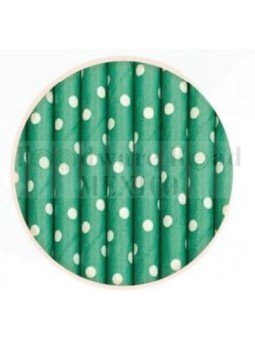 Popote Papel Decorado Verde Dot Blanco 12Pz