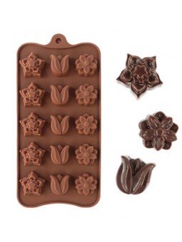 Molde De Silicón Para Chocolate Flores 15 Cav 23x11cm
