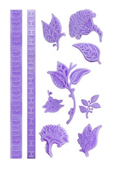 Molde Silicón Fondant Hojas, Flores  y 2 Cenefas 20x13cm