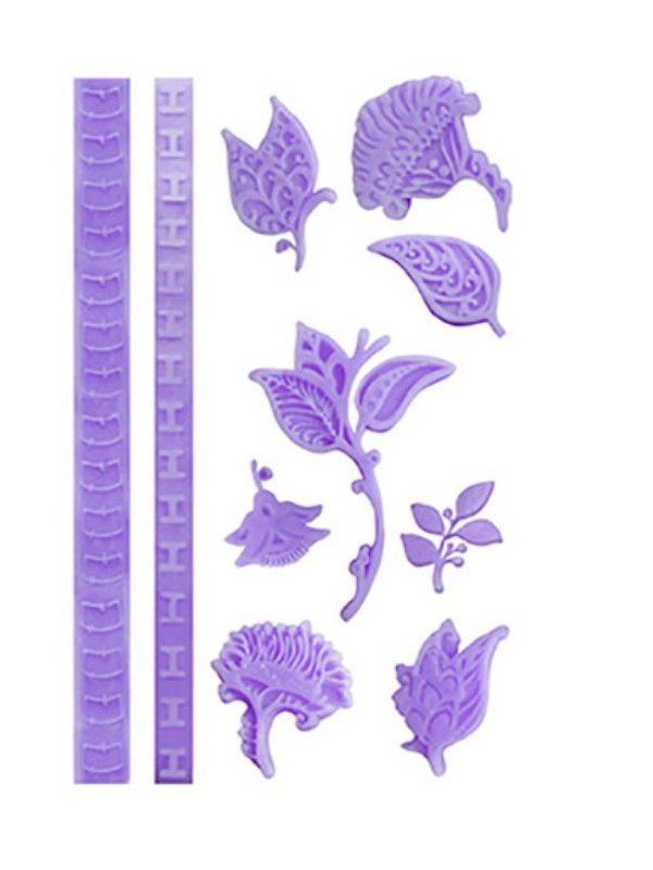 Molde Silicón Fondant Hojas, Flores  y 2 Cenefas 20x13cm