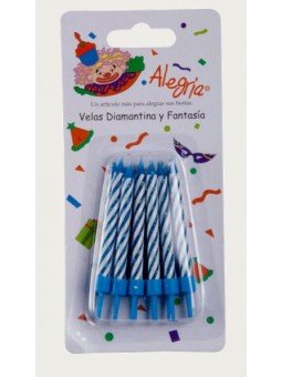 Vela Para Pastel Caramelo Diamantada Azul 12 Pzs