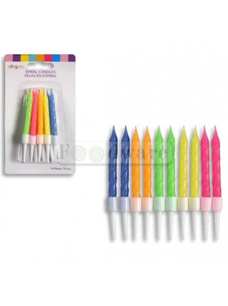 Vela Para Pastel Espiral Colores Neon Con Base 10Pz