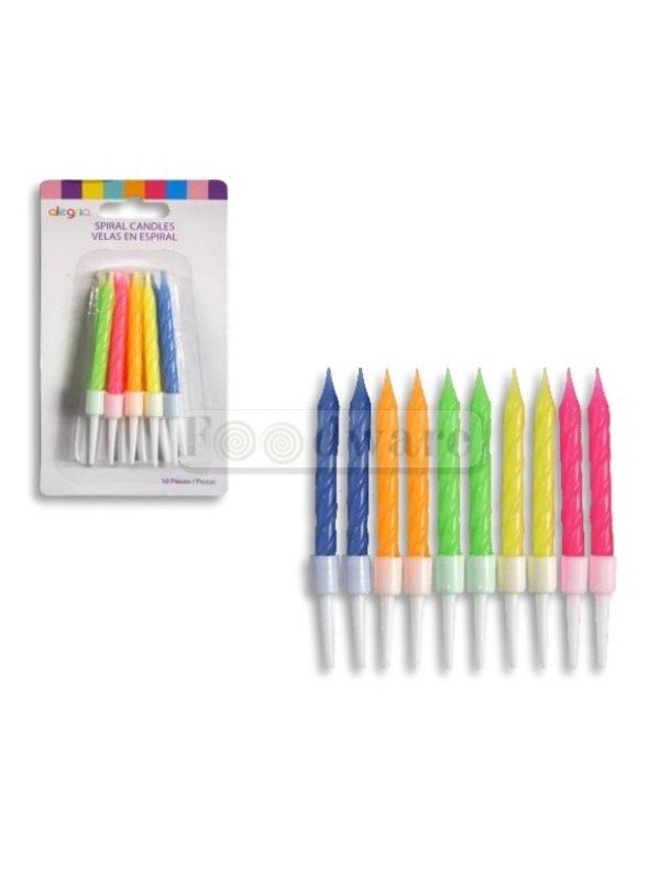 Vela Para Pastel Espiral Colores Neon Con Base 10Pz