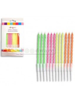 Vela Para Pastel Espiral Con Base Colores Neon 12Pz