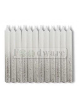 Vela Para Pastel Blanca Base Brillos Plata 8.3 Cm 12 Pzs