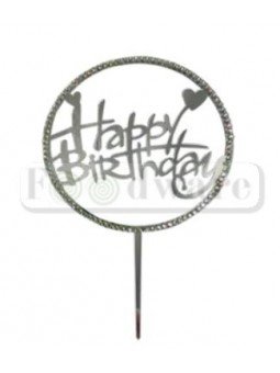 Decoración Para Pastel De Acrílico Mensaje "Happy Birthday" Con Corazón En Círculo Color Plata