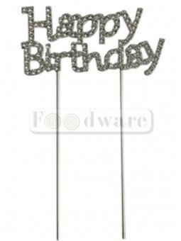 Cake Topper Decoración Para Pastel Metal "Happy Birthday" Plata 9X5Cm