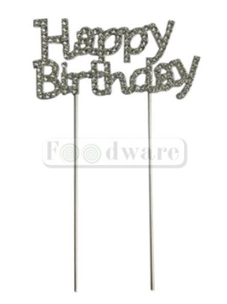 Cake Topper Decoración Para Pastel Metal "Happy Birthday" Plata 9X5Cm