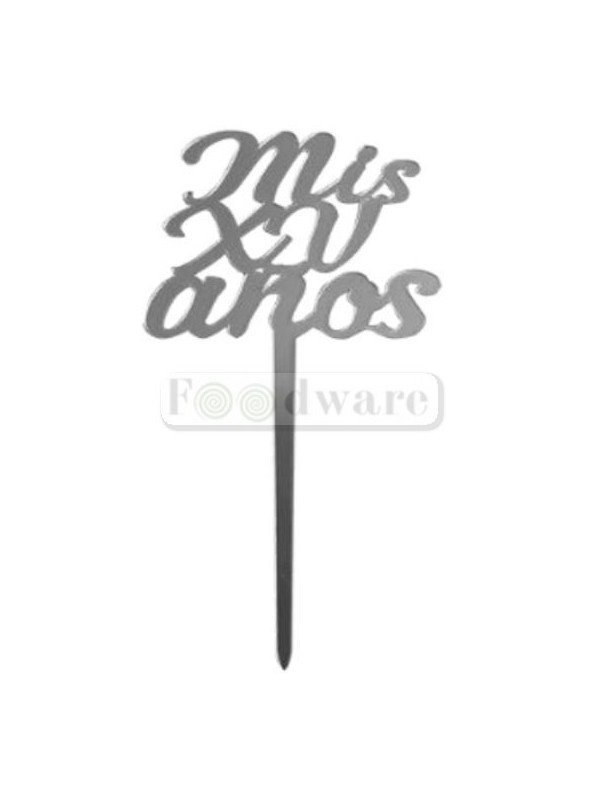 Cake Topper Decoración Para Pastel De Acrílico Mis Xv Años Plata 10X8Cm