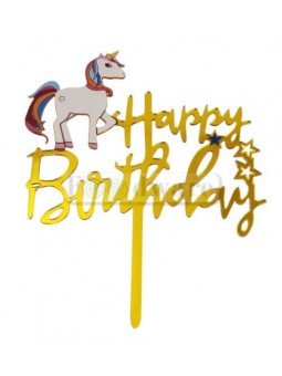 Cake Topper Decoración Para Pastel De Acrílico Happy Birthday Dorado Unicorn
