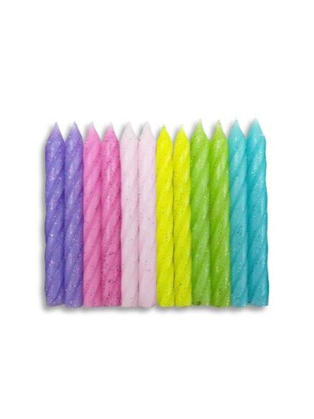 Vela Espiral Morado Intenso y Claro, Amarillo, Rosa Claro Con Brillos 24 velas