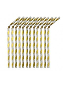 Popote Cuello Flexible Papel Espiral Dorado 12Pz