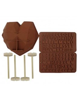 Molde De Silicón Corazón Diamante + 2 Moldes Para Chocolate Letras y 4 Mazos