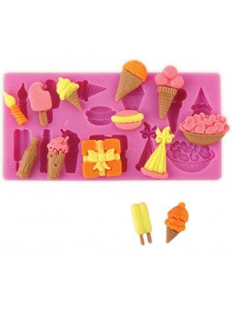 Molde Silicón Fondant Helados, Paletas, Golosinas, Fiesta 12 Figuras 11.5x6cm