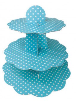 Exhibidor De Cupcakes Azul Cielo Con Puntos Blancos 3 Niveles Cartón