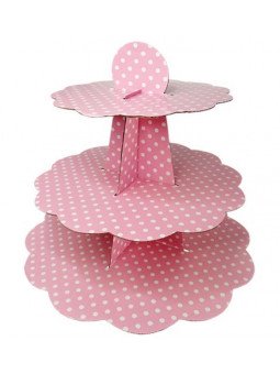 Exhibidor De Cupcakes Rosa Con Puntos Blancos 3 Niveles Cartón