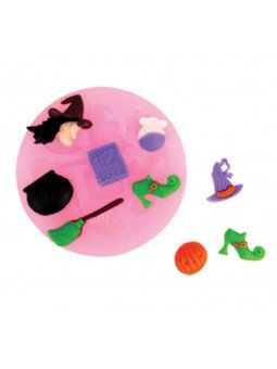 Molde Silicón Para Fondant Halloween: Bruja, Escoba, Calabaza, Caldero, Poción y Libro De Hechizos Ø8cm