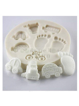 Fondant Molde De SIlicón Huellas Bebé Con Transportes Ø10cm